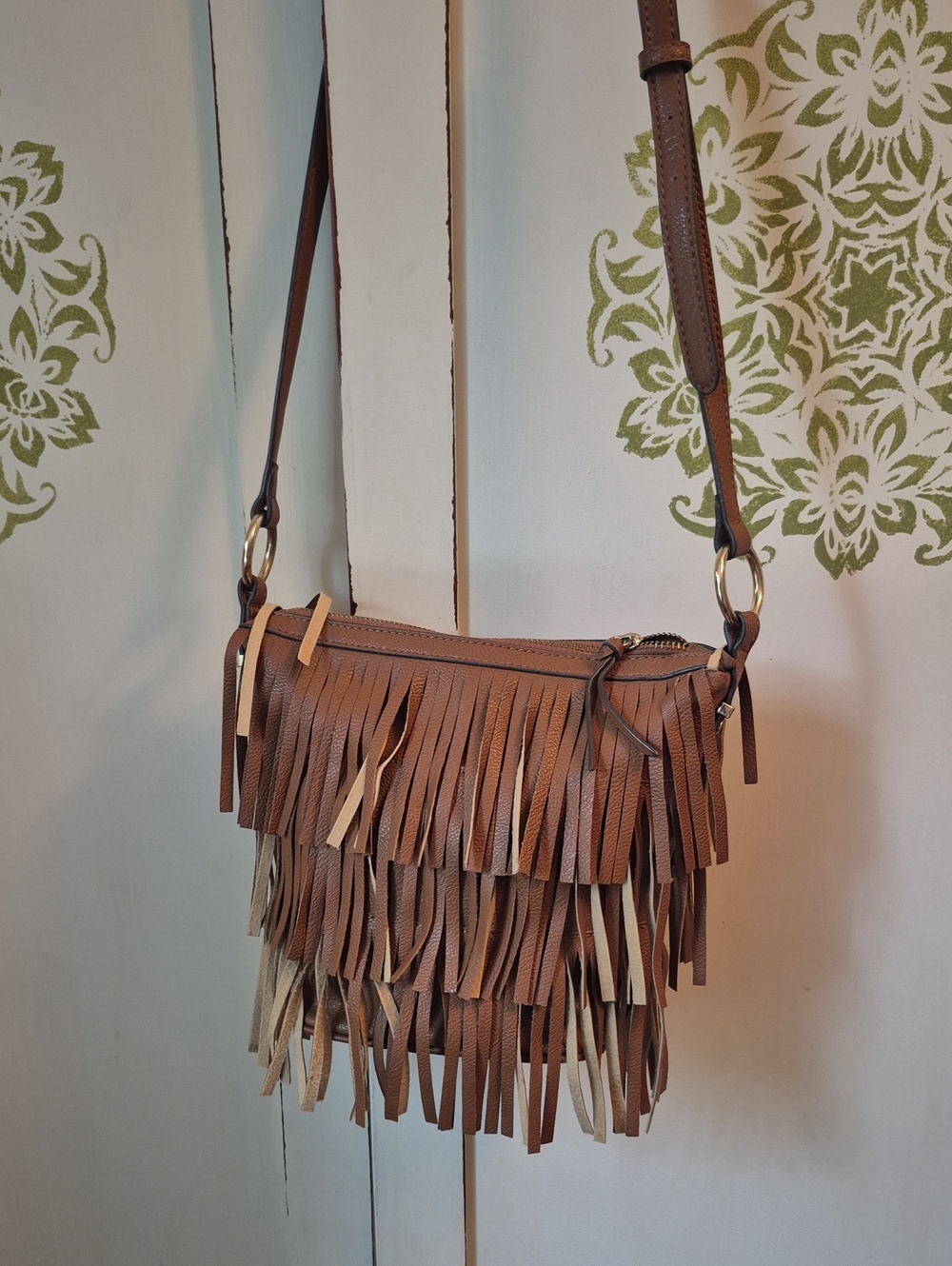 Nine West Brown Fringe Crossbody Bag with Tan Accents